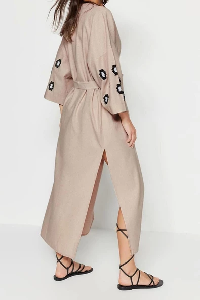 Moda Dokuma Regular Kalıp Uzun V Yaka Standart Kol Poplin Basic Düz Desen Kimono Kaftan - 4