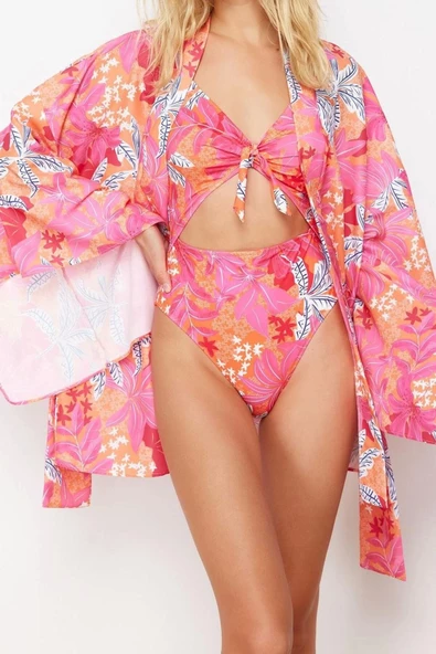 Moda Dokuma Regular Kalıp Crop V Yaka İspanyol Kol Kelly Basic Tropikal Desen Kimono Kaftan - 2