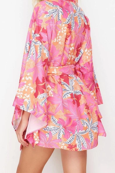 Moda Dokuma Regular Kalıp Crop V Yaka İspanyol Kol Kelly Basic Tropikal Desen Kimono Kaftan - 6