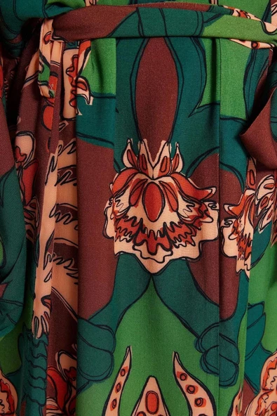Moda Dokuma Regular Kalıp Uzun Şal Yaka Standart Kol Shally Basic Tropikal Desen Kimono Kaftan - 5