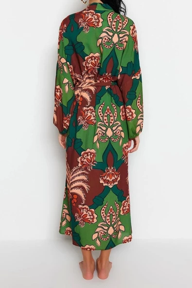 Moda Dokuma Regular Kalıp Uzun Şal Yaka Standart Kol Shally Basic Tropikal Desen Kimono Kaftan - 6