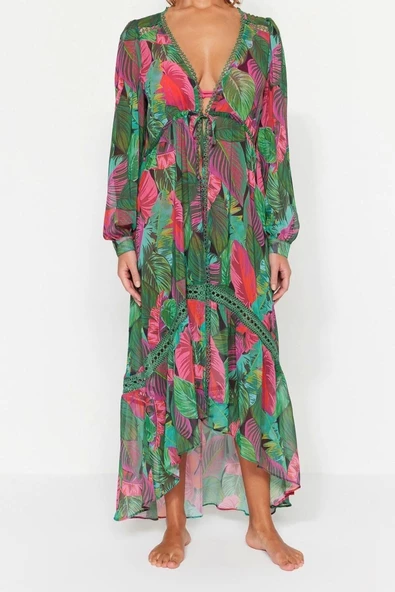 Moda Dokuma Rahat Kalıp Midi V Yaka Balon Kol Şifon Basic Tropikal Desen Kimono Kaftan