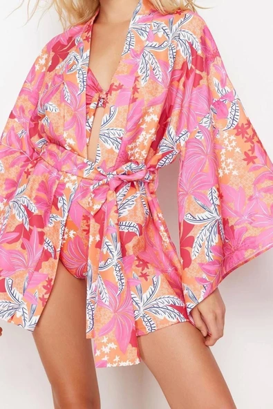 Moda Dokuma Regular Kalıp Crop V Yaka İspanyol Kol Kelly Basic Tropikal Desen Kimono Kaftan - 4