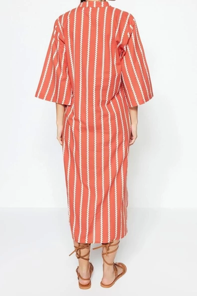 Moda Dokuma Rahat Kalıp Uzun Gömlek Yaka Standart Kol Vual Basic Çizgili Desen Kimono Kaftan - 5
