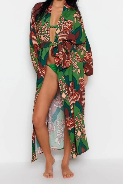 Moda Dokuma Regular Kalıp Uzun Şal Yaka Standart Kol Shally Basic Tropikal Desen Kimono Kaftan - 4