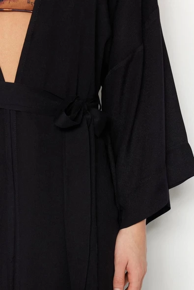 Moda Dokuma Regular Kalıp Uzun V Yaka Standart Kol Shally Panço Şal Desen Kimono Kaftan - 5