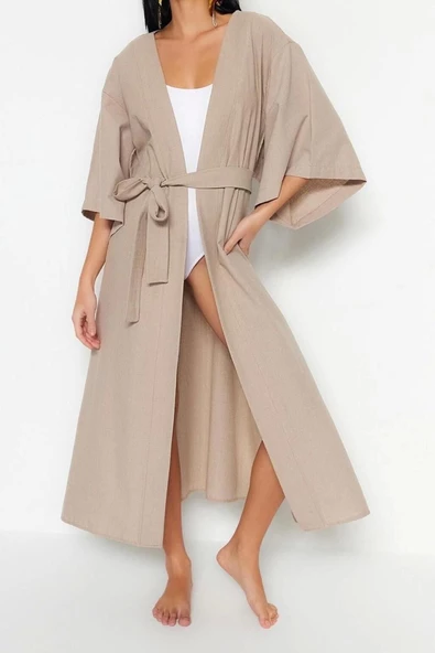 Moda Dokuma Regular Kalıp Midi V Yaka İspanyol Kol Keten görünümlü Basic Düz Desen Kimono Kaftan - 4