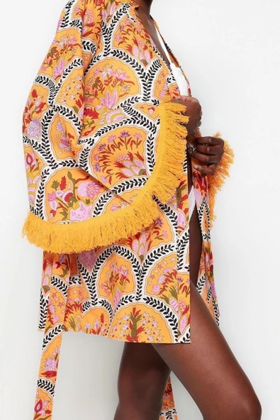 Moda Dokuma Regular Kalıp Crop V Yaka İspanyol Kol Vual Basic Çiçekli Desen Kimono Kaftan - 2
