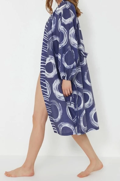 Moda Dokuma Oversize Kalıp Regular Kruvaze BüzgülüFırfırlı Kol Mesh Basic Geometrik Kimono Kaftan - 3