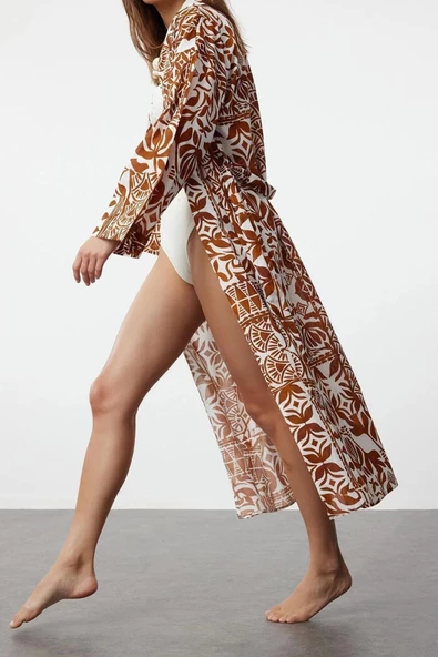 Moda Örme Regular Kalıp Uzun Kruvaze Standart Kol Vual Basic Çizgili Desen Kimono Kaftan - 2