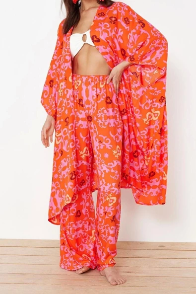 Moda Dokuma Rahat Kalıp Uzun Kruvaze Standart Kol Mesh Basic Tropikal Desen Kimono Kaftan - 3