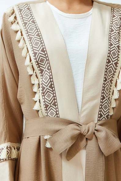 Moda Dokuma Rahat Kalıp Uzun V Yaka Düşük Kol Crinkle Basic Etnik Desen Tesettür Giyim Kimono Kaftan - 6
