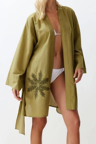Moda Örme Regular Kalıp Midi Kruvaze İspanyol Kol Vual Basic Düz Desen Kimono Kaftan - 4