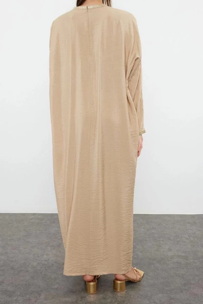 Moda Dokuma Rahat Kalıp Maxi V Yaka Düşük Kol Keten görünümlü Basic Tesettür Giyim Kimono Kaftan - 5