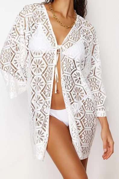 Moda Dokuma Oversize Kalıp Mini V Yaka Standart Kol Dantel Kruvaze Düz Desen Kimono Kaftan - 3