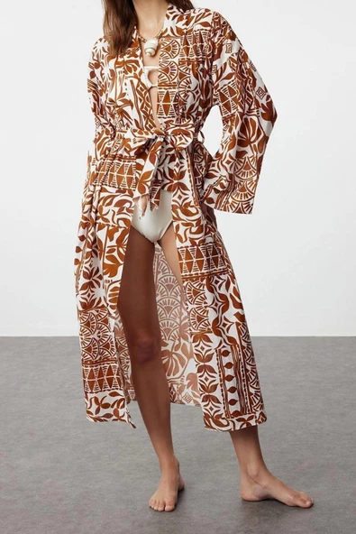 Moda Örme Regular Kalıp Uzun Kruvaze Standart Kol Vual Basic Çizgili Desen Kimono Kaftan - 3