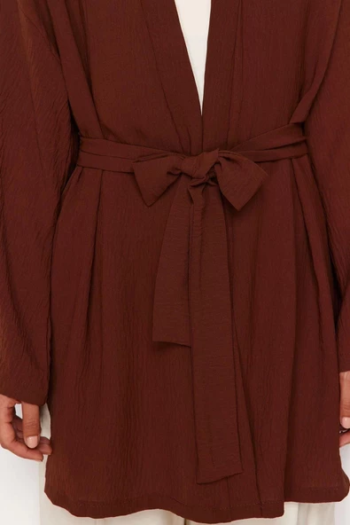 Moda Dokuma Rahat Kalıp Midi V Yaka Düşük Kol Keten görünümlü Kruvaze Tesettür Giyim Kimono Kaftan - 5