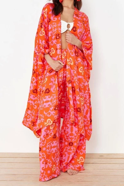 Moda Dokuma Rahat Kalıp Uzun Kruvaze Standart Kol Mesh Basic Tropikal Desen Kimono Kaftan - 2