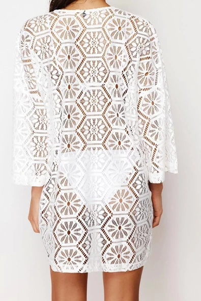 Moda Dokuma Oversize Kalıp Mini V Yaka Standart Kol Dantel Kruvaze Düz Desen Kimono Kaftan - 5