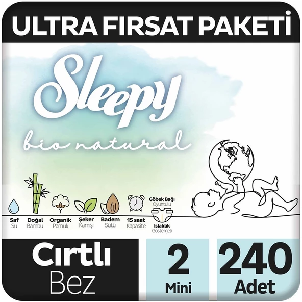 Sleepy Bio Natural Ultra Fırsat Paketi Bebek Bezi 2 Numara Mini 240 Adet ürün görseli 1