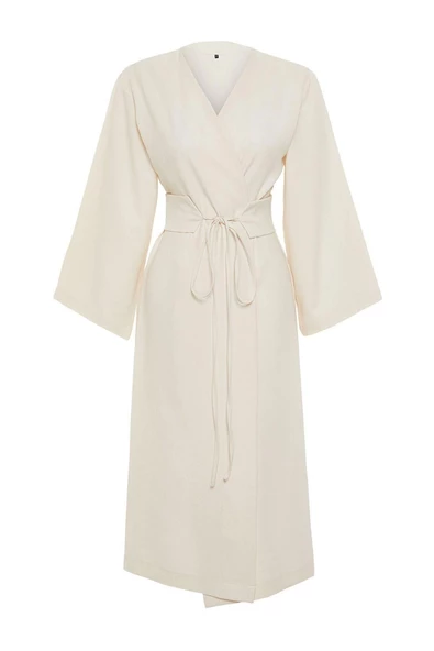 Moda Dokuma Rahat Kalıp Regular V Yaka Düşük Kol Keten Görünüm Kruvaze Tesettür Giyim Kimono Kaftan - 5