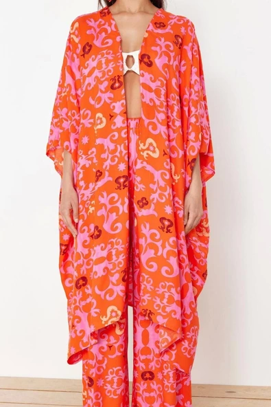 Moda Dokuma Rahat Kalıp Uzun Kruvaze Standart Kol Mesh Basic Tropikal Desen Kimono Kaftan - 1