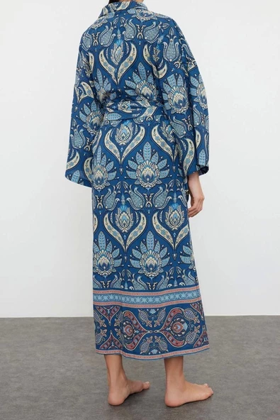 Moda Dokuma Regular Kalıp Regular V Yaka Standart Kol Flamlı Pamuk Basic Etnik Desen Kimono Kaftan - 4