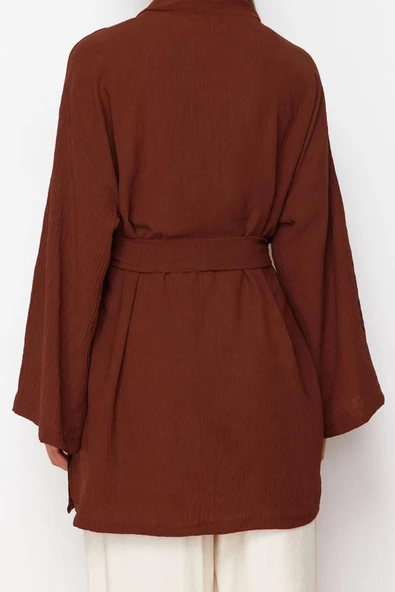 Moda Dokuma Rahat Kalıp Midi V Yaka Düşük Kol Keten görünümlü Kruvaze Tesettür Giyim Kimono Kaftan - 6