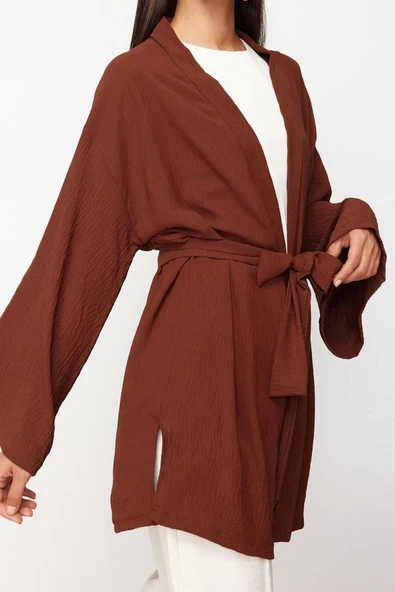 Moda Dokuma Rahat Kalıp Midi V Yaka Düşük Kol Keten görünümlü Kruvaze Tesettür Giyim Kimono Kaftan - 4