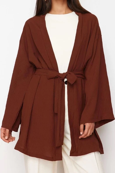Moda Dokuma Rahat Kalıp Midi V Yaka Düşük Kol Keten görünümlü Kruvaze Tesettür Giyim Kimono Kaftan - 3