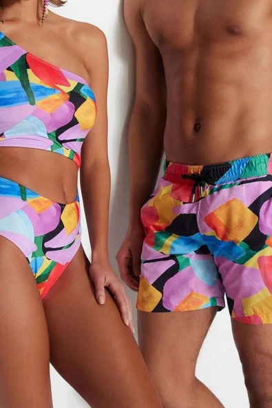 Kadın Moda Kapsız Askılı Halter Yaka Soyut Desenli Tek Omuz Regular Mayokini - 3