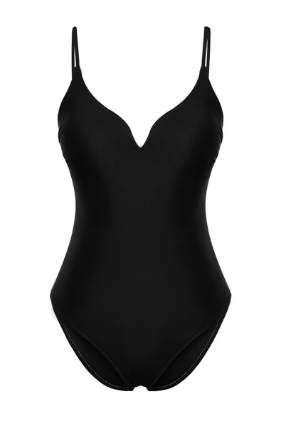 Kadın Moda Atma Kap Askılı Brief Yaka Siyah Regular Mayo