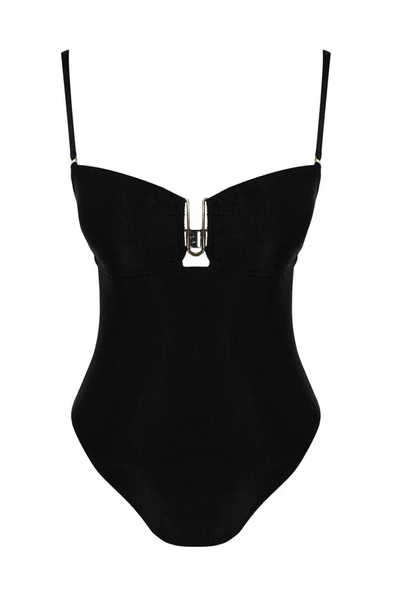 Kadın Moda Atma Kap Askılı Brief Yaka Siyah Straplez Aksesuarlı High Leg Regular Mayo