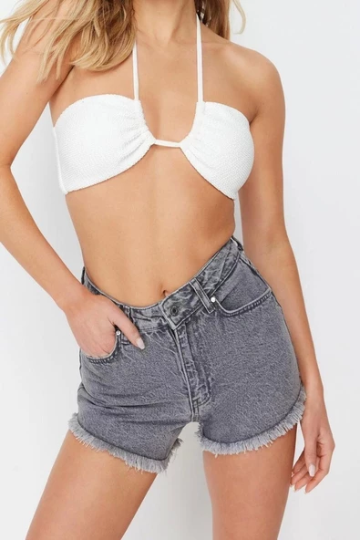 Moda Denim Yüksek Bel Boru Paça Plaj Gri Mini Dokuma Denim %100 Pamuklu Şort Bermuda - 4