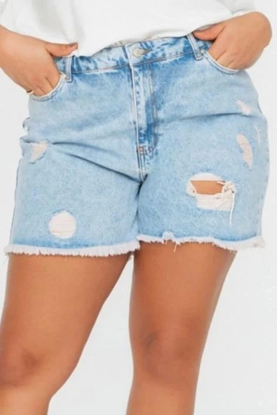 Büyük Beden Moda Denim Yüksek Bel Geniş Paça Gündelik Koyu Mavi Yüksek Bel Destroylu Şort Bermuda