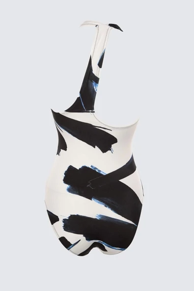 Kadın Moda Atma Kap Askılı Brazilian Yaka Soyut Desenli Tek Omuz Cut Out Pencereli Regular Mayo - 6