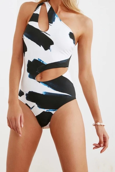 Kadın Moda Atma Kap Askılı Brazilian Yaka Soyut Desenli Tek Omuz Cut Out Pencereli Regular Mayo - 2