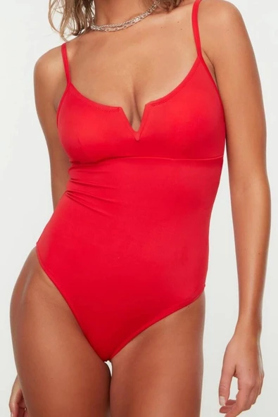 Kadın Moda Atma Kap Askılı Brazilian Yaka Kırmızı Regular Mayo - 2