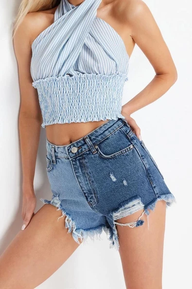 Moda Denim Normal Bel Boru Paça Plaj Koyu Mavi Denim Colour Block Denim %100 Pamuklu Şort Bermuda - 3