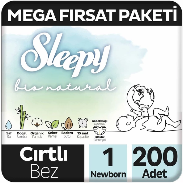 Sleepy Bio Natural Mega Fırsat Paketi Bebek Bezi 1 Numara Newborn 200 Adet ürün görseli