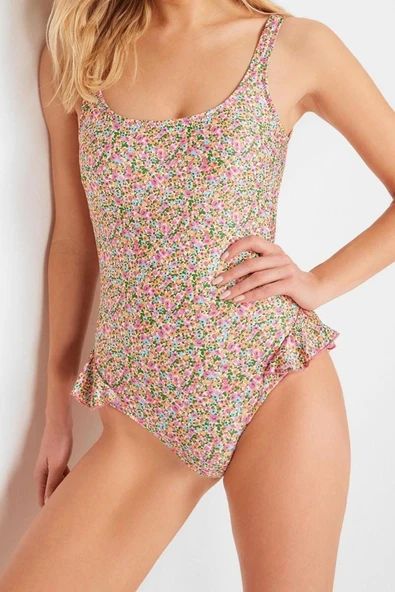 Kadın Moda Atma Kap Askılı Brief Yaka Çiçek Desenli Fırfırlı Regular Mayo - 4