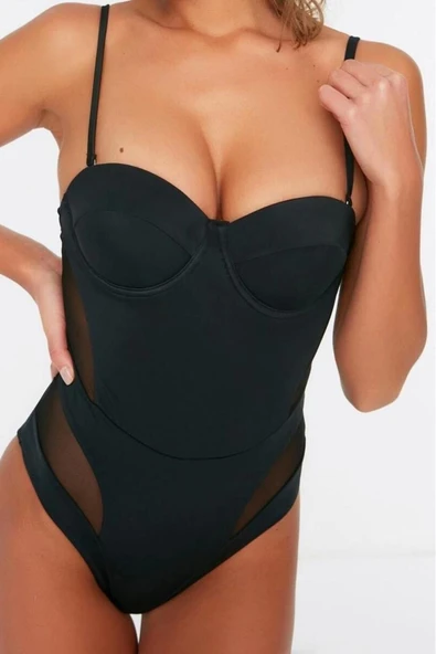 Kadın Moda Sabit Kap Askılı Brief Yaka Siyah Balkonet Mesh Detaylı Regular Mayo - 3