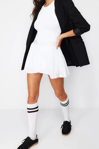 Moda Örme Yüksek Bel Dar Paça Premium Mikro Pileli 2 Katmanlı İçi Şortlu Cepli Tenis Spor Şort Etek - 2