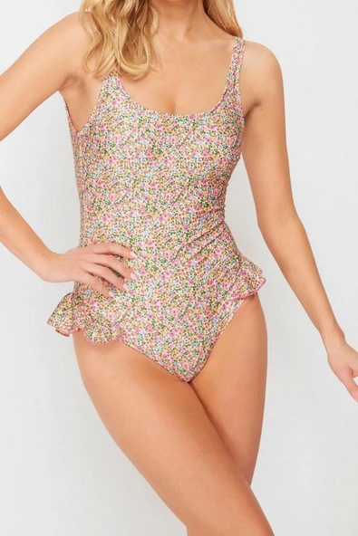 Kadın Moda Atma Kap Askılı Brief Yaka Çiçek Desenli Fırfırlı Regular Mayo - 3