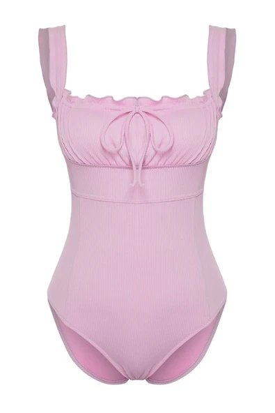 Kadın Moda Atma Kap Askılı Hipster Yaka Pembe Fırfırlı High Leg Regular Mayo - 6