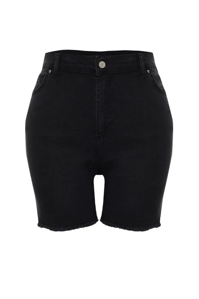 Büyük Beden Moda Denim Yüksek Bel Dar Paça Gündelik Siyah Yüksek Bel Skinny Şort Bermuda - 5