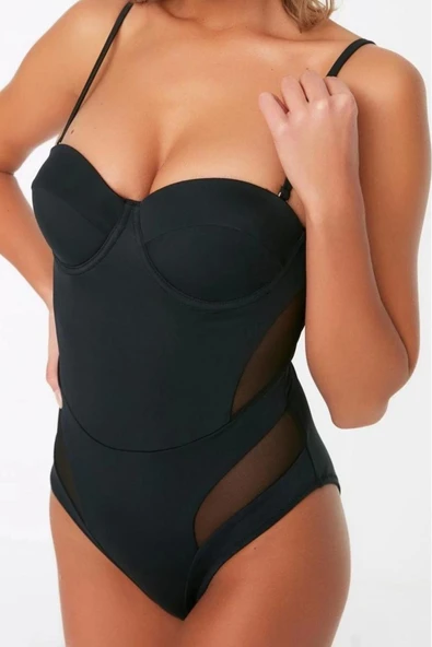 Kadın Moda Sabit Kap Askılı Brief Yaka Siyah Balkonet Mesh Detaylı Regular Mayo - 2