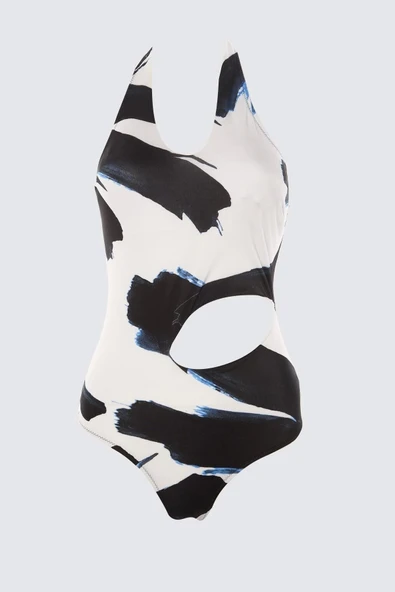 Kadın Moda Atma Kap Askılı Brazilian Yaka Soyut Desenli Tek Omuz Cut Out Pencereli Regular Mayo - 7