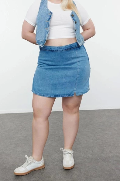 Büyük Beden Moda Denim Yüksek Bel Geniş Paça Gündelik Mavi Yırtmaçlı Şort Etek - 3