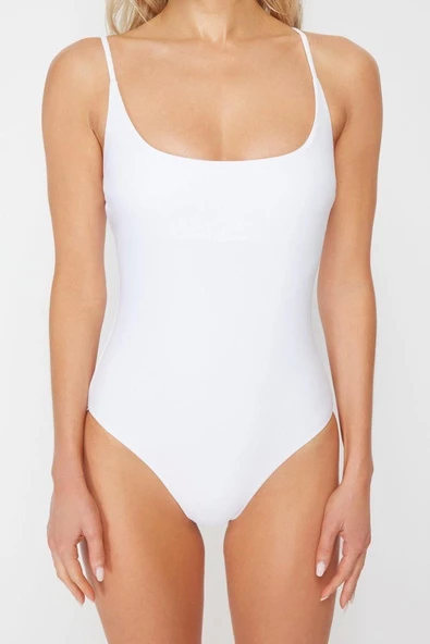 Kadın Moda Atma Kap Askılı Brief Yaka Beyaz Regular Mayo - 4